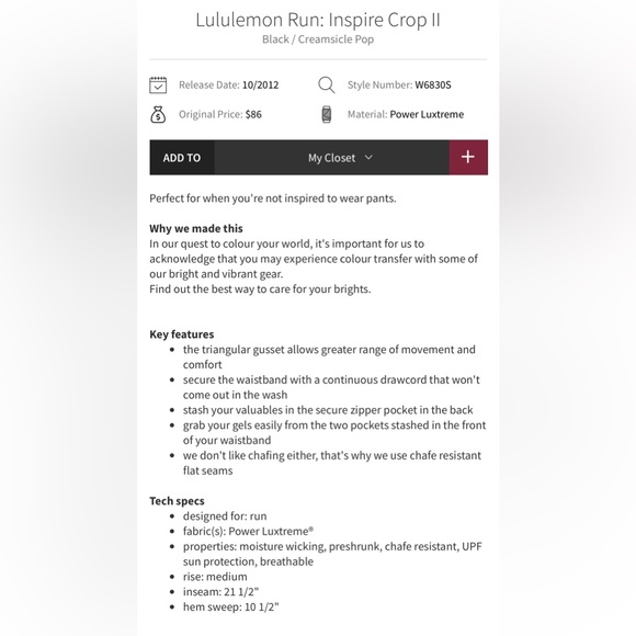 Lululemon Run: Inspire Crop II Black / Creamsicle Pop - Picture 9 of 9